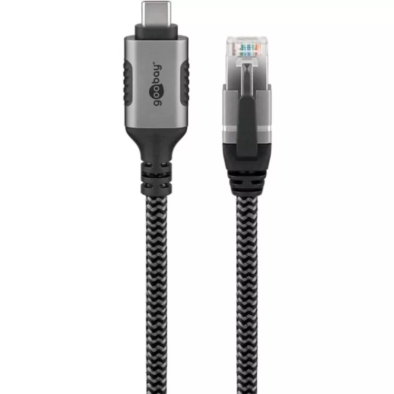 Ethernet kabelis USB-C 3.2 Gen2 kištukas > RJ-45 kištukas, LAN adapteris juodas/sidabrinis, 1,5 metro, pintas tekstilinis apvalkalas
