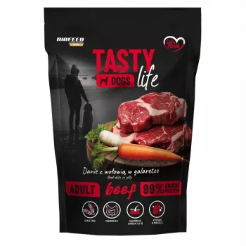 Šlapias šunų ėdalas BIOFEED Tasty Life jautiena 90% 500 g pakelis, pilnavertis suaugusiems šunims, baltymai 12%, riebalai 6,5%, drėgmė 79%