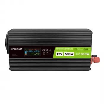 Green Cell PowerInverter LCD 12 V 500W/1000W automobilinis keitiklis su ekranu – gryno sinuso bangos keitiklis, juodas