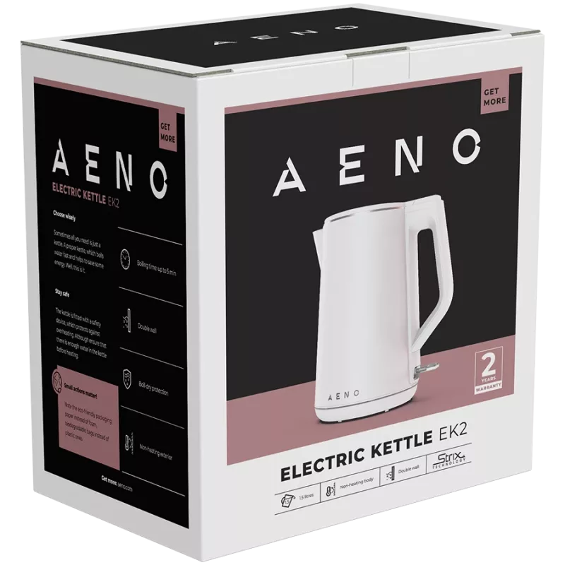 AENO elektrinis virdulys EK2: 1850-2200W, 1,5 l, Strix, dvigubos sienelės, neįkaitantis korpusas, automatinis išsijungimas, apsauga nuo virimo be vandens