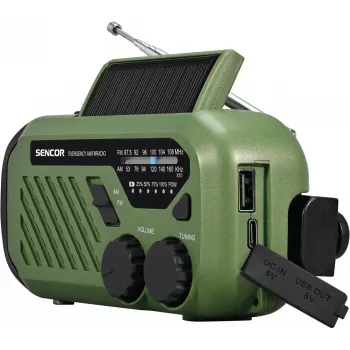 Nešiojamas FM/AM radijas SENCOR SRD1000SCLGR su Bluetooth, saulės/sukamos rankenos/USB-C įkrovimu, 2000 mAh baterija, IPX4, LED šviesomis