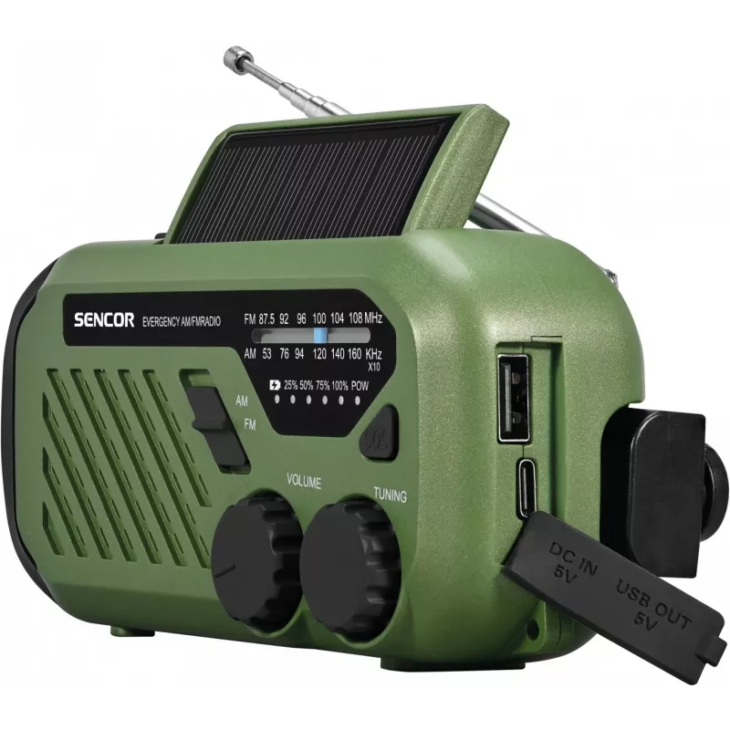 Nešiojamas FM/AM radijas SENCOR SRD1000SCLGR su Bluetooth, saulės/sukamos rankenos/USB-C įkrovimu, 2000 mAh baterija, IPX4, LED šviesomis