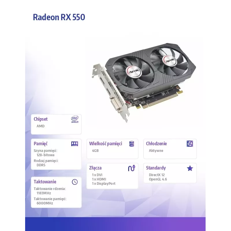 AFOX AMD Radeon RX 550 4 GB GDDR5 vaizdo plokštė, 1183 MHz, 128 bitų, dviejų ventiliatorių