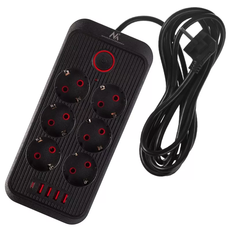 Maclean MCE391 B ilginimo lizdas – 6 kištukiniai lizdai, 4×USB-A + 1×USB-C, 110–240V, 2500W, 3 m laidas, juodas