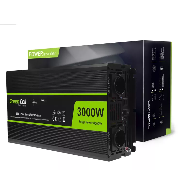 Automobilinis keitiklis Green Cell INV21 6000 W, 24V DC į AC, 230V išėjimas, 2x USB PD, aktyvus aušinimas, nuimamos DC jungtys, juodas