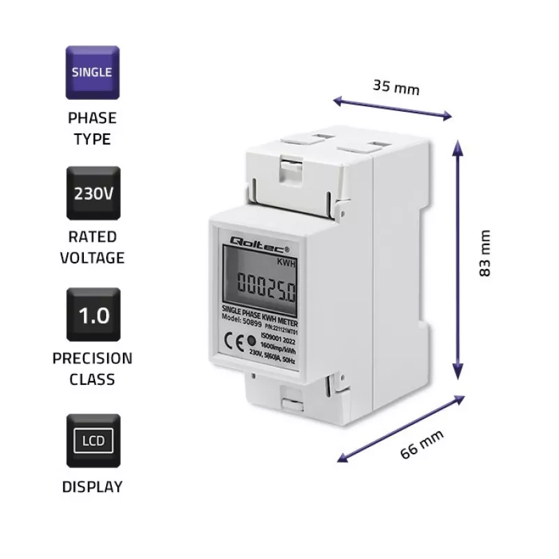 Vienfazis elektros energijos skaitiklis QOLTEC 50899 230 V 50 Hz, 5(60) A, 1.0 klasė, LCD