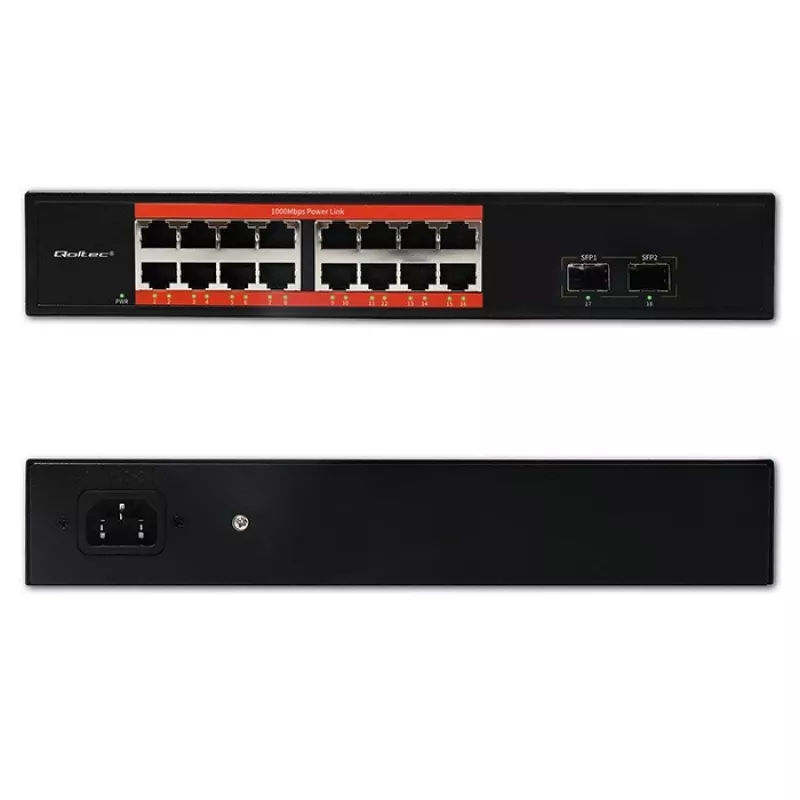 Tinklo jungiklis QOLTEC 52364 – Gigabit Ethernet PoE 16xRJ45, 2xSFP