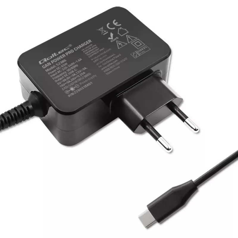 Qoltec 52386 GaN POWER PRO įkroviklis | 1xUSB-C | 65W | 5-20V | 3-3.25A | Juodas