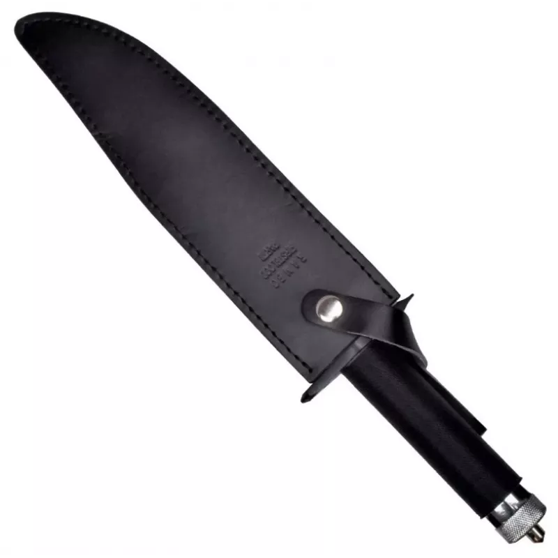 Fiksuotas išgyvenimo peilis kino klasika CC-H2 — 400 mm bendras ilgis, 250 mm plieninis ašmenys, lygus ir dantytas, juoda rankena, su odine makštimi