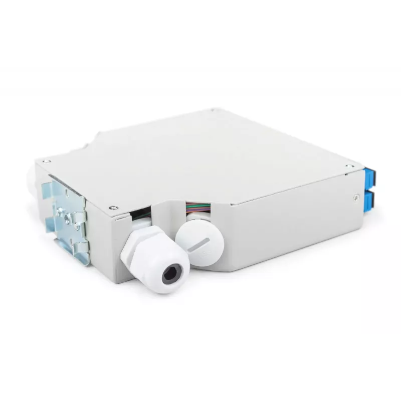 Skaidulinės optikos DIN bėgelio dėžė DIGITUS DN-963890, OS2, SC adapteris su 2 m pigtailu, plieninė, mėlyna/pilka