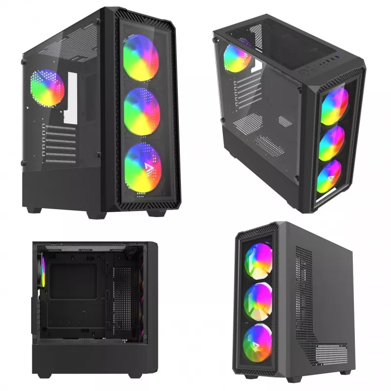 PC korpusas SAVIO Noctis Glass RGB — Juodas, ATX/Micro-ATX, 210×410×450 mm, 3×120 mm priekiniai ventiliatoriai