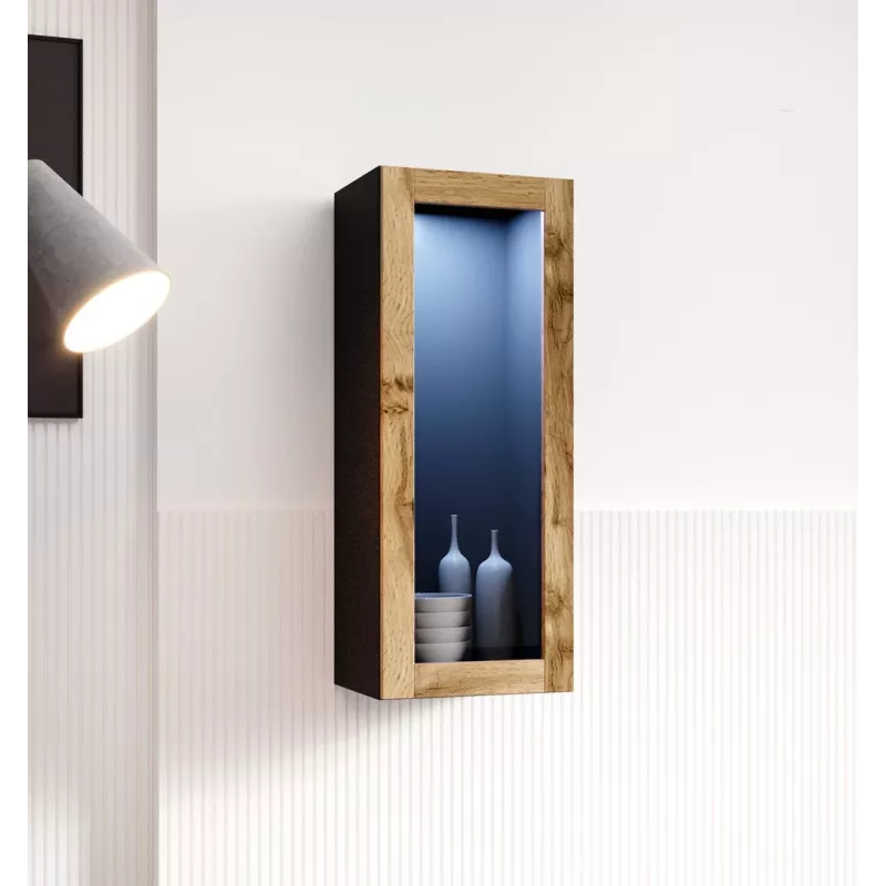 Vitrinos spintelė Cama Meble VIGO 90 stiklinė, sieninė, 90×35×32 cm, juoda/Wotan ąžuolas