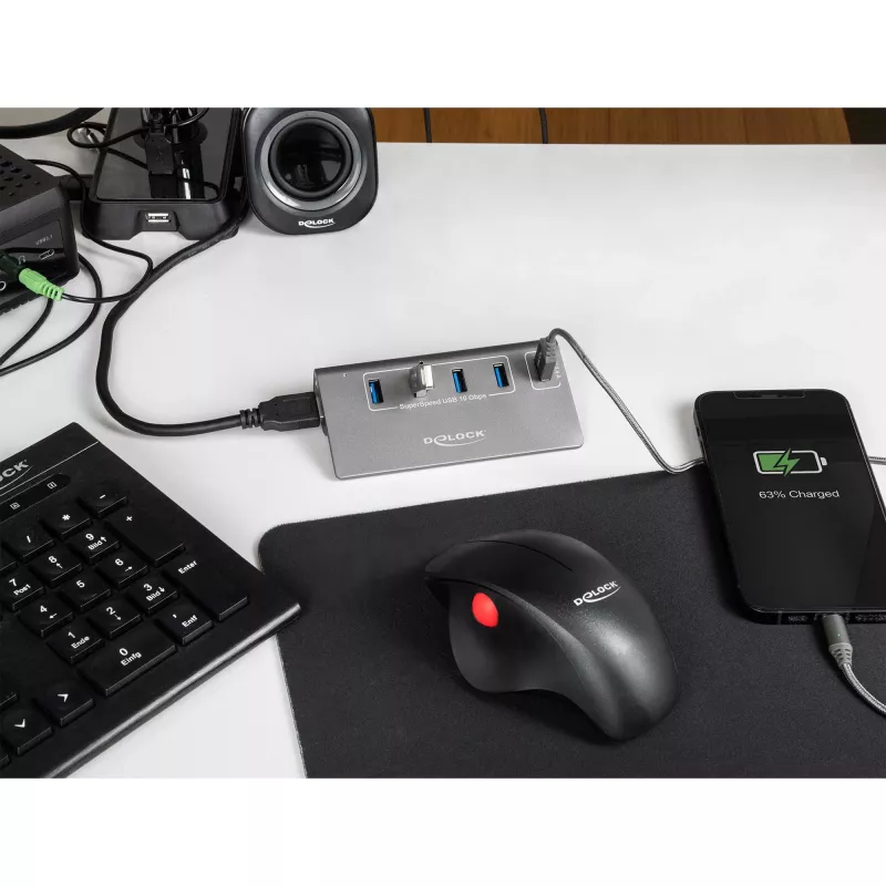 DeLOCK USB 3.2 Gen 2 šakotuvas, 4× USB-A duomenų prievadai + 1 greito įkrovimo prievadas, 10 Gbps, metalinis korpusas