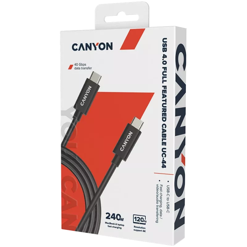CANYON UC-44 laidas, U4-CC-5A1M-E, USB4 TYPE-C į TYPE-C 40G 1m 5A 240W su E-MARK, CE, ROHS, juodas