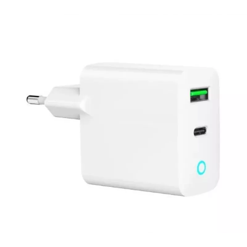 Sieninis įkroviklis GEMBIRD, Universalus, 1× USB Type-C 20W, 1× USB-A 3.0 QC 18W, LED indikatorius, Baltas