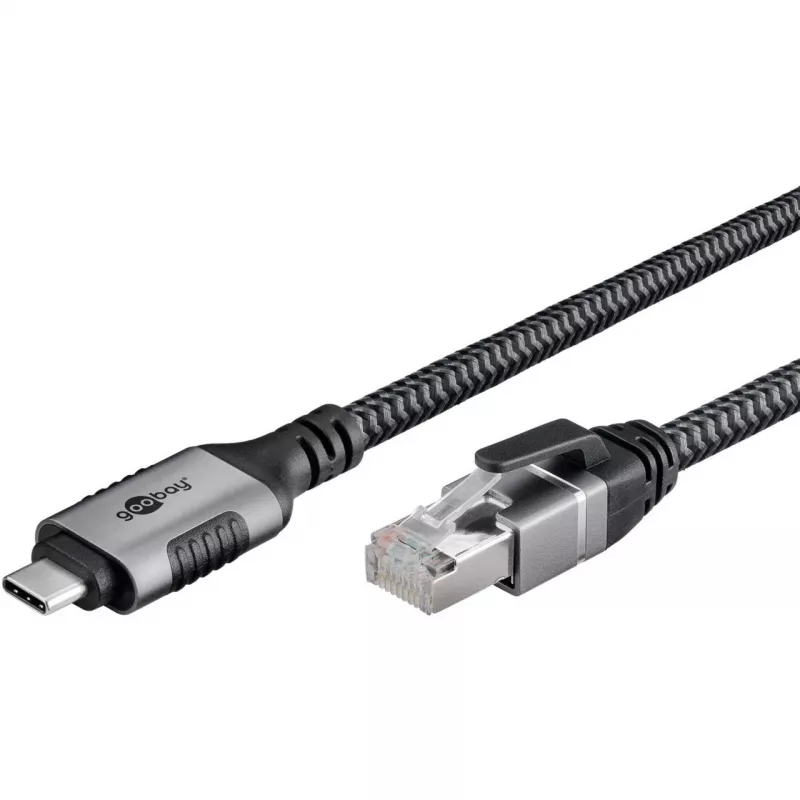 Ethernet kabelis USB-C 3.2 Gen2 kištukas > RJ-45 kištukas, LAN adapteris juodas/sidabrinis, 1,5 metro, pintas tekstilinis apvalkalas