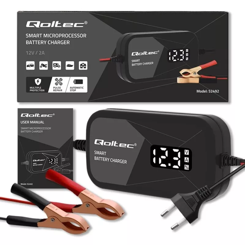 Baterijų įkroviklis QOLTEC 52492 12V 2A su mikroprocesoriniu valdymu ir elementų regeneracija