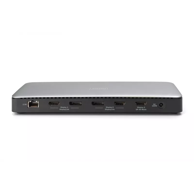 Digitus DA-70918 USB-C dokstacija, 13 prievadų, 3x HDMI, 2x DP, 4x USB-A, 1x USB-C, RJ-45 1GbE, SD, garso lizdas, 150 W