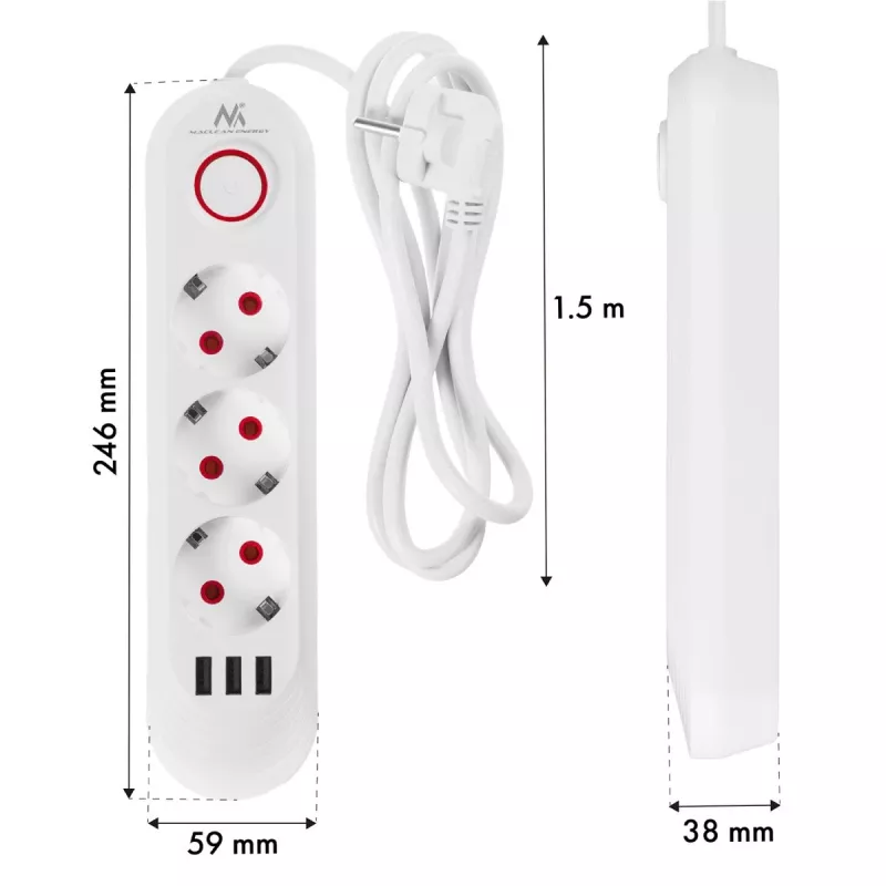 Maclean MCE394W ilgintuvas 3 kištukiniai lizdai, 3×USB 2.1A, 2500 W, 1,5 m laidas, baltas