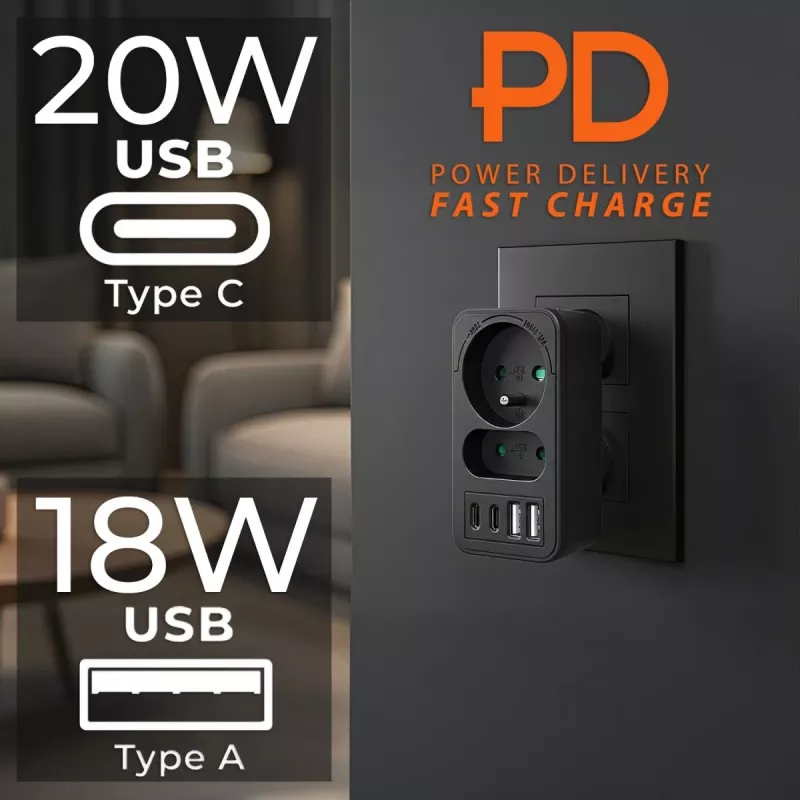 Maitinimo daliklis MACLEAN MCE249 F/B – 2 AC lizdai (16A + 6A) su 2×USB-A ir 2×USB-C PD 20W, EU kištukas, juodas