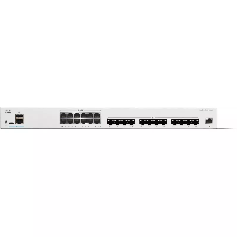 Cisco Catalyst C1300-24XTS valdomas L2/L3 komutatorius, 24 prievadai (12x 10GE RJ-45 + 12x 10GE SFP+), 480 Gbit/s, RJ-45/USB-C konsolė, 16 000 MAC lentelė, tvirtinamas į spintą