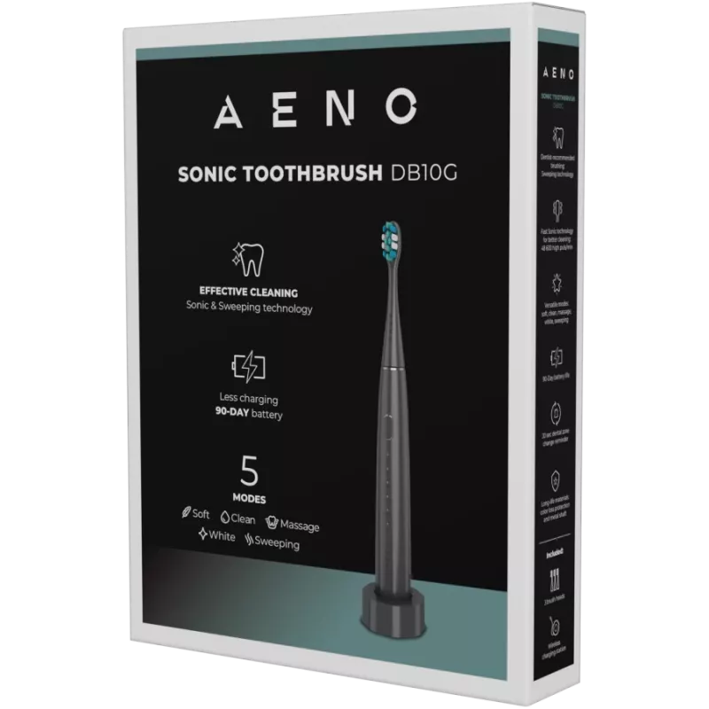 Belaidis dantų šepetėlis AENO, pilkas, 3 šepetėlių antgaliai, 1400 mAh, režimai: Soft, Clean, Massage, White, Sweep