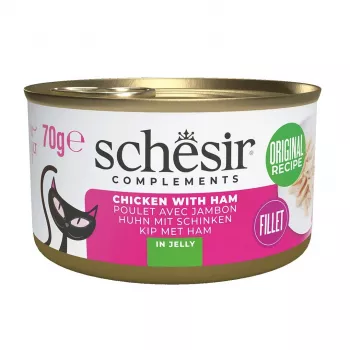 Šlapias kačių ėdalas Agras Pet Foods SCHESIR vištiena su kumpiu želėje, 70 g, 12% baltymų, 86% drėgmės