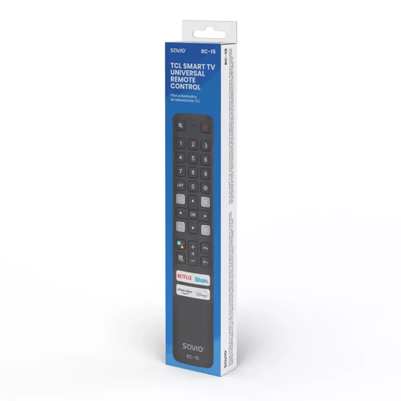 SAVIO universalus televizoriaus pultelis RC-15 TCL SMART TV, IR belaidis, juodas, veikimo nuotolis 10 m