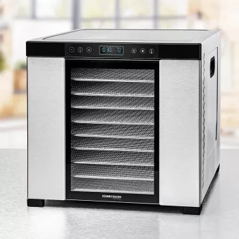 Džiovintuvas maistui Rommelsbacher DA1050, nerūdijantis plienas, 5 padėklai (10 nerūdijančio plieno padėklų), reguliuojama 35–75 °C, 99 h laikmatis, 1,6 m² džiovinimo plotas
