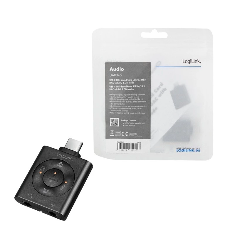 LOGILINK USB3.2 garso adapteris USB-C (vyriškas) į 2x3,5mm (moteriški) 7.1