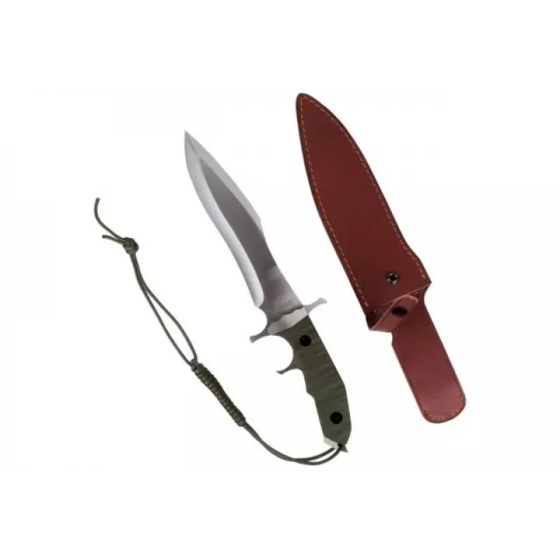 Fiksuotas peilis Cinema Classic CC-H5 Rambo V – išgyvenimo peilis, plieninis ašmenys 230 mm, bendras ilgis 385 mm, polimerinė žalia rankena, odinė makštis