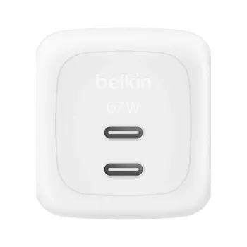 Greitasis AC sieninis įkroviklis Belkin WCH020KQ2MWH-B6 — 2x USB‑C, 2 m integruotas kabelis, baltas