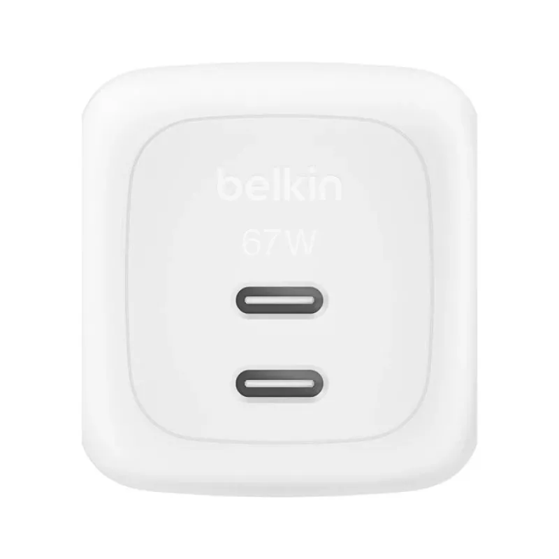 Greitasis AC sieninis įkroviklis Belkin WCH020KQ2MWH-B6 — 2x USB‑C, 2 m integruotas kabelis, baltas
