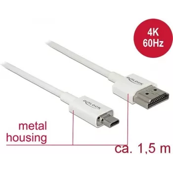 HDMI kabelis DeLOCK 85150 1,5 m HDMI A tipo į D tipo, baltas