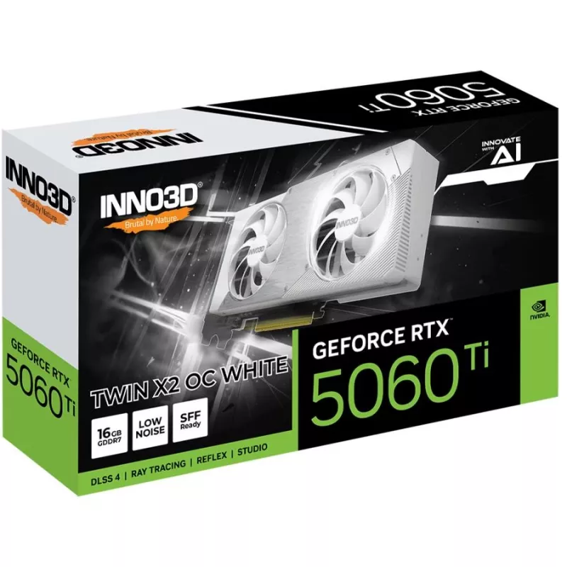 Vaizdo plokštė Inno3D GeForce RTX 5060 Ti — 16 GB GDDR7, PCIe 5.0, 448 GB/s, 250 mm, 2 lizdai, balta