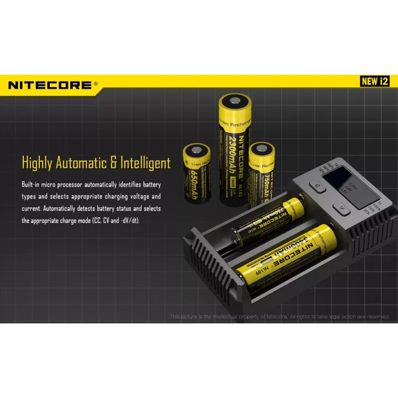Baterijų kroviklis Nitecore NEW i2 — 2 angos, LiFePO4, Li-Ion, NiMH, 100–240 V, juodas