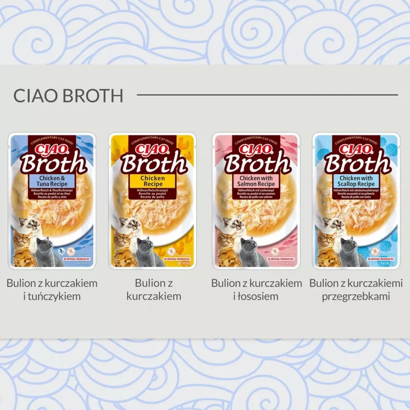 Šlapias skanėstas katėms INABA Ciao Broth Chicken & Scallop 40 g maišelis, skystas mėsingas padažas, 88% drėgmės, 9.4% baltymų