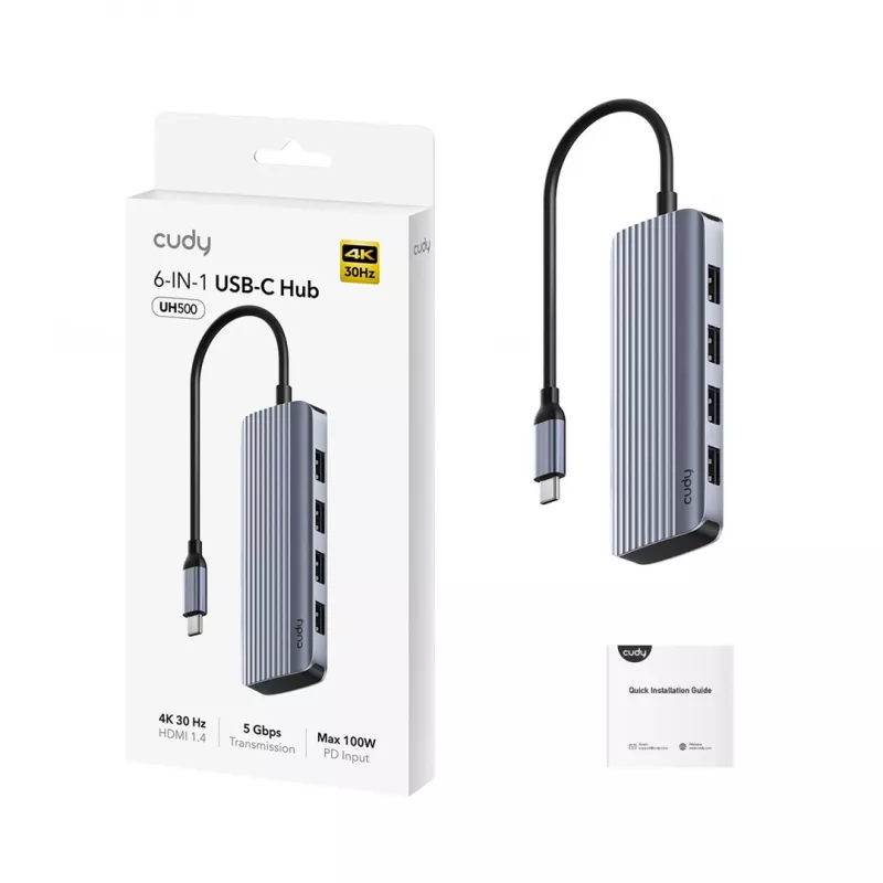 USB-C stotelė Cudy UH500 — USB 3.2 Gen 1 Type-C, 6 prievadų su USB 3.2 Gen 1 Type-A ir HDMI, 5000 Mbit/s, pilka/sidabrinė