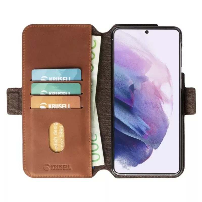 Krusell PhoneWallet Samsung Galaxy S21+ vintage cognac – odinis dėklas su pinigine