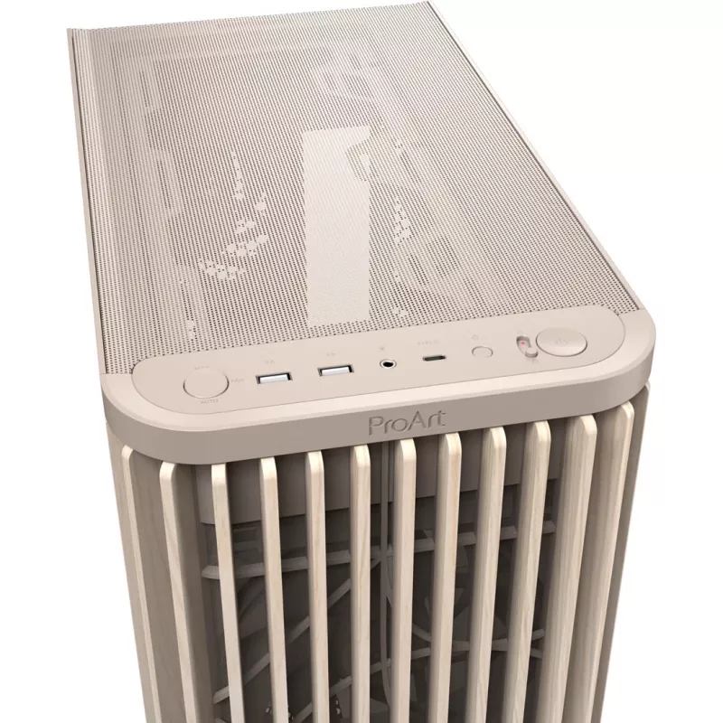 PC korpusas ASUS PROART PA401 WOOD TG PWM BEIGE — ATX, 503×225×412 mm, 2×3.5 colio/2×2.5 colio, GPU iki 315 mm