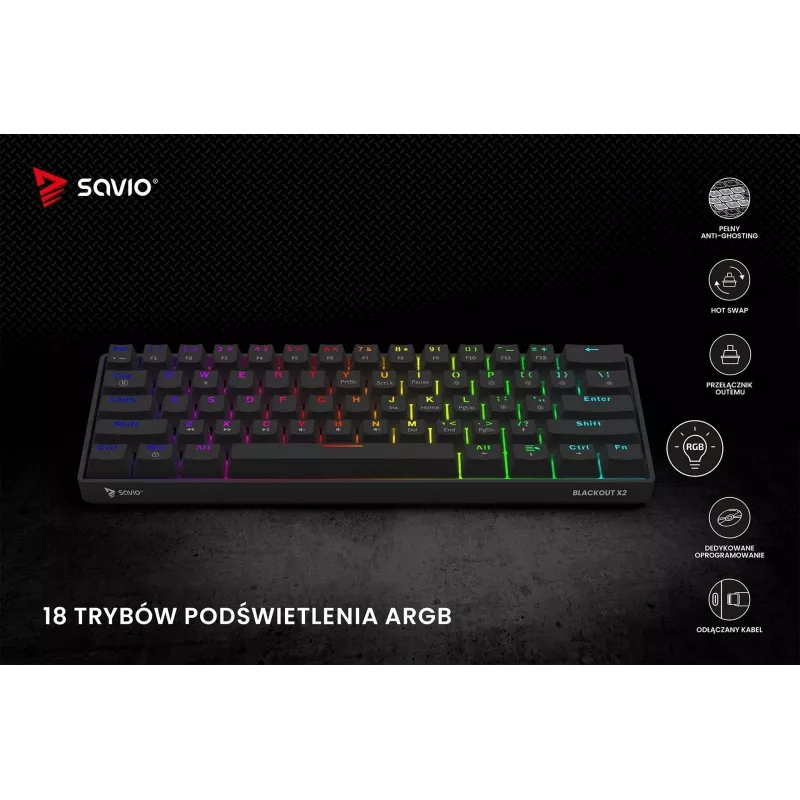 Mechaninė žaidimų klaviatūra SAVIO BLACKOUT X2 PEACH — 61 klavišas 60% QWERTY, RGB LED, hot-swap, USB Type-A/Type-C, atjungiamas laidas