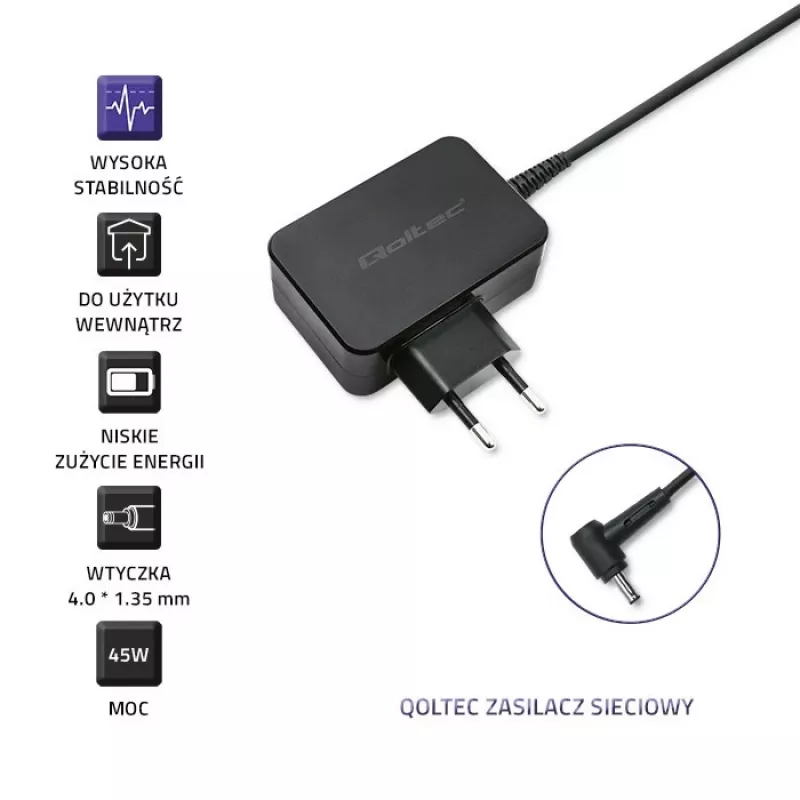 Maitinimo adapteris QOLTEC 45W 19V nešiojamiems įrenginiams — pakaitinis adapteris 45 W 19 V