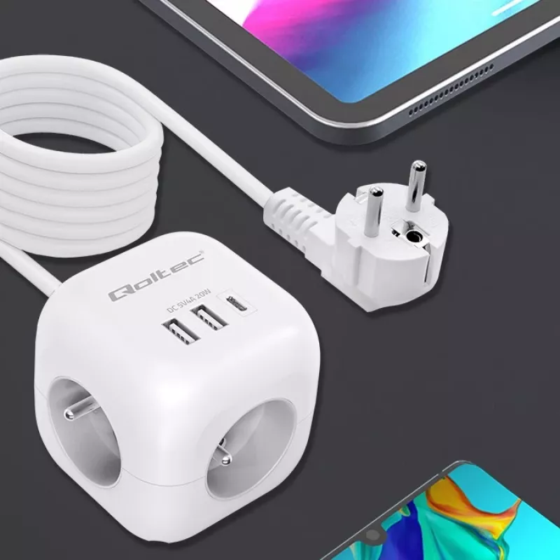 Power Cube QOLTEC 52547 ilgintuvas 3×AC lizdai, 2×USB-A, 1×USB-C PD 20W