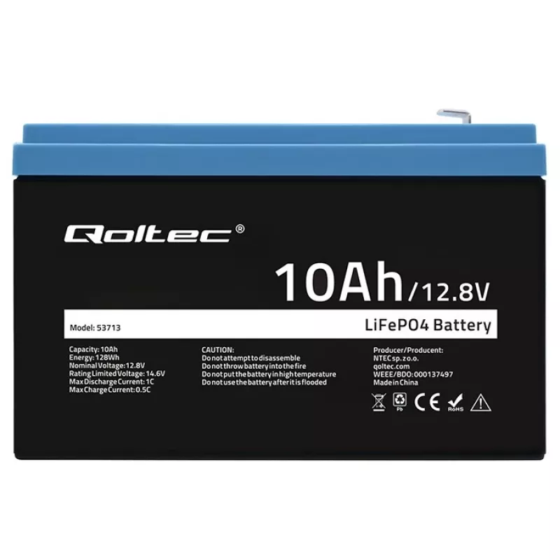 Įkraunama LiFePO4 baterija QOLTEC 10Ah 12.8V 128Wh su integruota BMS