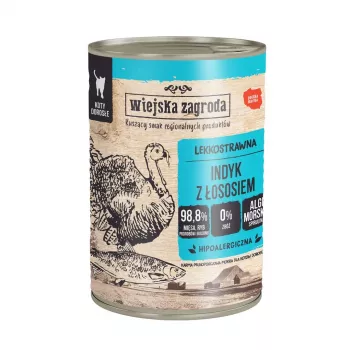 WIEJSKA ZAGRODA Kalakutiena su lašiša – šlapias ėdalas katėms – 400g