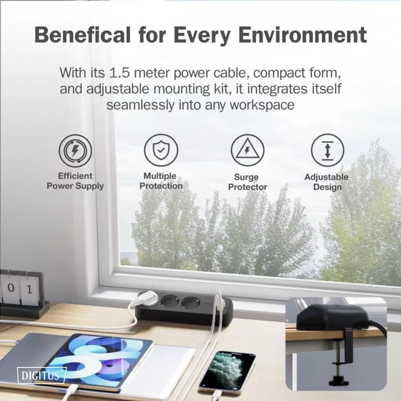 Maitinimo juosta DIGITUS 3 kištukiniai lizdai su 2×USB-A ir 1×USB-C, 1,5 m laidas, juoda