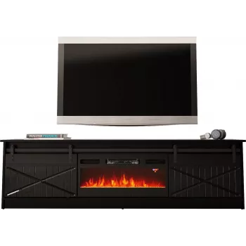 TV spintelė su židiniu Cama Meble GRANERO 200 x 56,7 x 35 cm juoda/juodas blizgesys, 2 durys, 2 lentynos, stumdomos durys, MDF/medžio drožlių plokštė