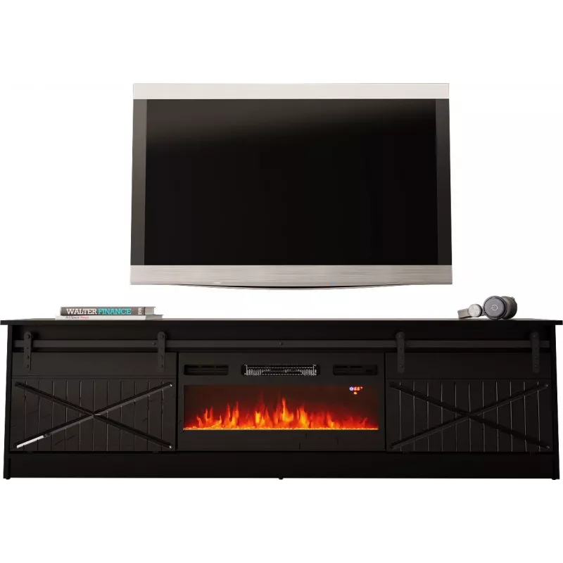 TV spintelė su židiniu Cama Meble GRANERO 200 x 56,7 x 35 cm juoda/juodas blizgesys, 2 durys, 2 lentynos, stumdomos durys, MDF/medžio drožlių plokštė