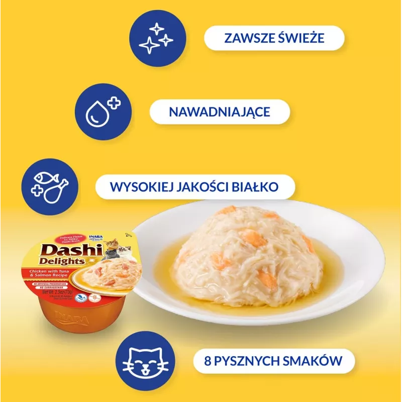 INABA Dashi Delights vištiena, tunas ir lašišos sultinys - skanėstas katėms - 70g