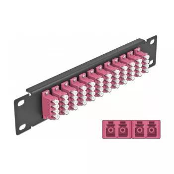 Skaidulinės optikos pataisų skydas DeLOCK 10 colių 12 prievadų LC Quad violetinis 1U juodas